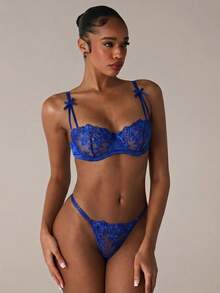 SHEIN BAE 2件套紫色浪漫花卉刺绣性感内衣套装（女士款） - 藍色 - 查看 6