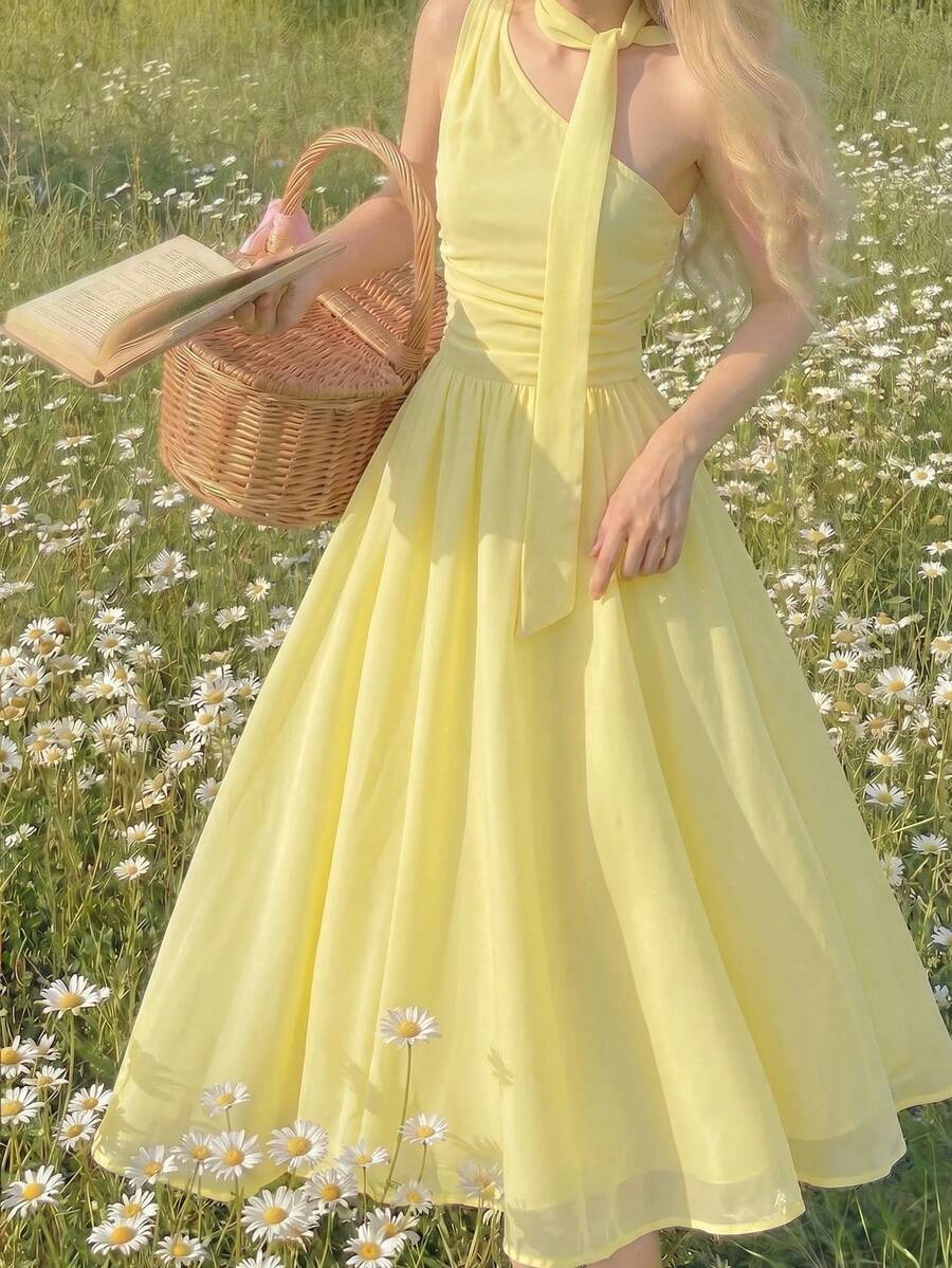SHEIN Kids Tween Girl Fashion Optimized Woven Solid Yellow Color One Shoulder Dress Vacation Pale Yellow Summer Modest Yellow Dress - Yellow - View 1
