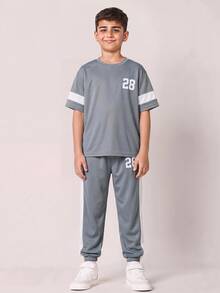 SHEIN 2pcs Baju Anak Laki-Laki Remaja Kasual Minimalis Cetak Digital Kerah Bulat Model Pullover Desain Blok Warna Cocok Untuk Musim Panas, Olahraga, Lari, Aktivitas Luar Ruangan - Grey - View 5