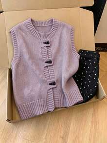 EMERY ROSE Plus-Size Women's Spring/Fall Casual Style: Simple, Versatile, And Feminine. Light Purple, Soft And Plush Textured Knit. Horn Button, V-Neck, Loose-Fitting Plus-Size Knit Vest. Perfect For Spring And Fall. - Purple - View 5