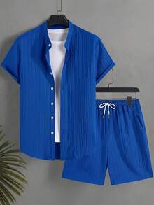 Surfspeed Summer Casual Solid Color Shirt And Shorts Beach Set Holiday / Vacation / Beach / Hawaii / Tropical / Swim /  Bathing - Royal Blue - View 2