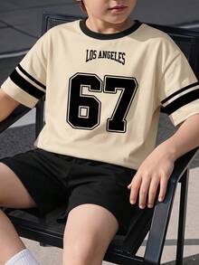 SHEIN 2 pezzi Set di maglietta a maniche corte con stampa numerica e lettera e pantaloncini in maglia, adatto per bambini/ragazzi casual, versatile, comodo, colore bianco e nero, adatto per pendolarismo, scuola, uso quotidiano, vacanza, sport, primavera e estate - Bianco - Visualizzare 5