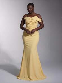 Elitara Plus Size Elegant Luxurious Tube Top Knotted Textured Fabric Dress For Formal - Yellow - View 3