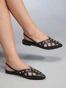 CUCCOO GRLICON Spice Girl Fried Street, Metal Rivets, Black Hollow Flat Shoes, Holiday Atmosphere, Summer Wear, A Must For Travel, Y2K - Black - View 1