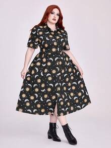 ROMWE Hippie Summer Dress Fairycore Vintage Mori Style Sun & Moon Star Print Short Sleeve Shirt Collar Plus Size Women Dress - Black - View 4