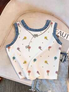Resyla Floral Daisy Print Fitted Round Neck Tank Top For Women - Multicolor - View 3
