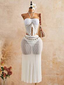 Bellisia 26SS Spring/Summer Women's Elegant Solid Color Camisole Backless Asymmetric Hem Textured Fabric 2-Piece Swimsuit Set - Beige - View 1