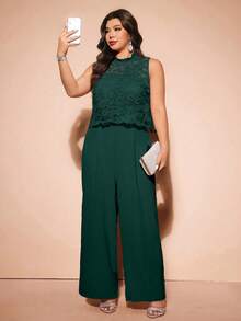 Cravure Elegant Lace Faux Leather Jumpsuit With Invisible Shoulder Straps, Plus Size 2 Pieces Set - Dark Green - View 3