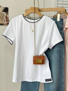 Tseoso 100 Pure Cotton Shell Embroidery Embroidered Versatile All-Match Casual Basic Sports Solid Color Crew Neck Short Sleeve T-Shirt, Suitable For Summer - White - View 4