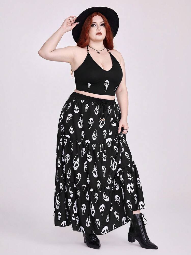 ROMWE Fairycore Outdoor Vacay Beach Outfits Summer Outfits Plus Size Women Gothic Horror Mask Full Print Twist Neck Top And Tiered Hem Skirt 2 Pieces Set - Black - View 6