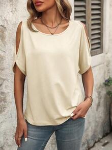 EMERY ROSE Apricot-Colored Casual Travel Summer Off-Shoulder T-Shirt, Round Neck, Batwing Sleeves, Loose-Fitting Short-Sleeved Top. - Apricot - View 5