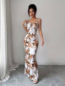 SHEIN Raffinéa 女款時尚優雅全身印花細肩帶洋裝 - 黃色 - 查看 7