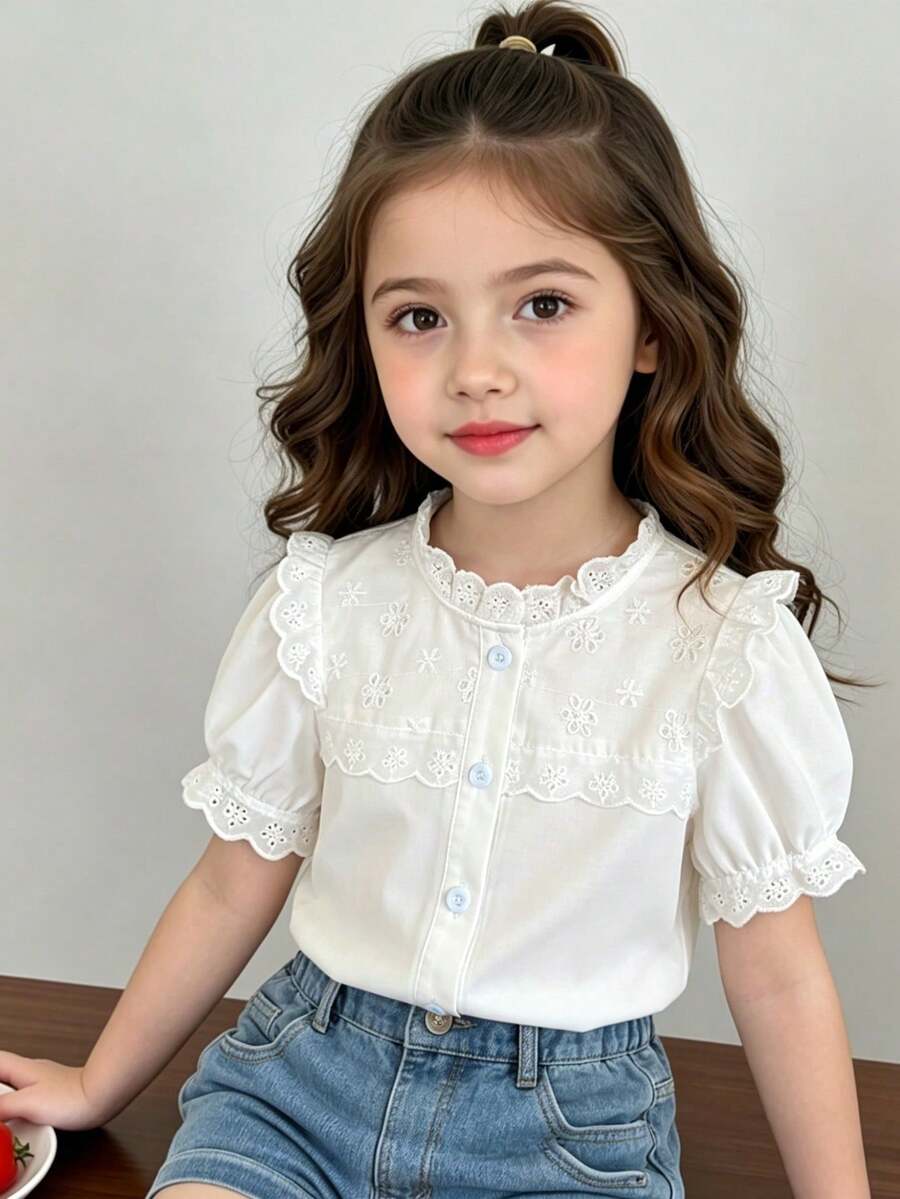 SHEIN Elladie kids Camicia casual da ragazza con maniche a palloncino arricciata, di colore unito, alla moda per l'estate - Bianco - Visualizzare 1