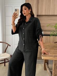 Weeklong Women's Plus Size Autumn Sleeve Drawstring Tie Commute Minimalist Normal Capsule Shirt Brunch Office Dark Wash - Black - View 3