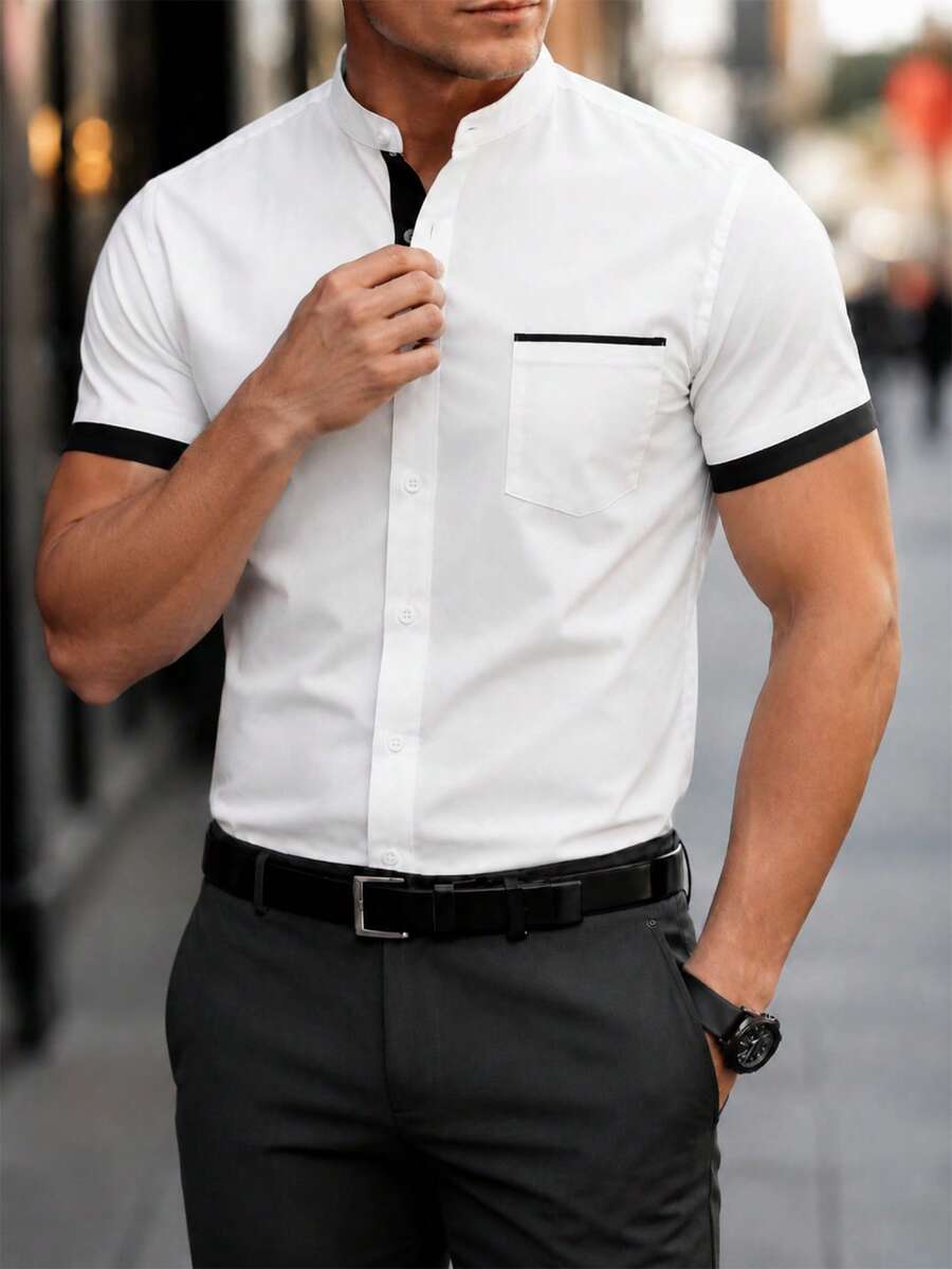 Manfinity Bizformal 男士商務休閒立領設計深色拼接胸袋短袖襯衫,正式款 - 白色 - 查看 1