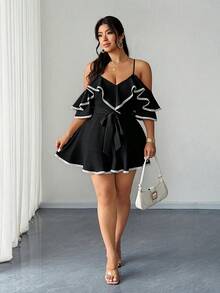 Elenzga Mono de Resort Sexy Talla Grande con Hombros Descubiertos y Espalda Descubierta - Negro - Ver 3