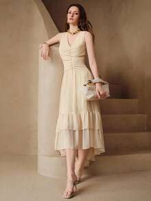 Arave Women's Woven Summer Sleeveless Deep V-Neck Waist-Defining Slimming Decorative Button Hem Multi-Layer Ruffle Fishtail Skirt Casual Design Mori Style Fresh Vacation Long Dress Summer Clothes - Apricot - View 7