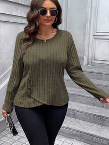 SHEIN LUNE Women's Olive Green Casual Autumn Commuting And Travel Outfits Plus Size Knit Top, Round Neck Side Button Irregular Hem Ribbed Long Sleeve Tee, - Army Green - View 4