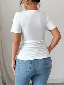 Elenzga Square Neck Short Sleeve Knit Lace Patchwork Decor White Plus Size T-Shirt, Suitable For Spring, Summer And Autumn - White - View 2