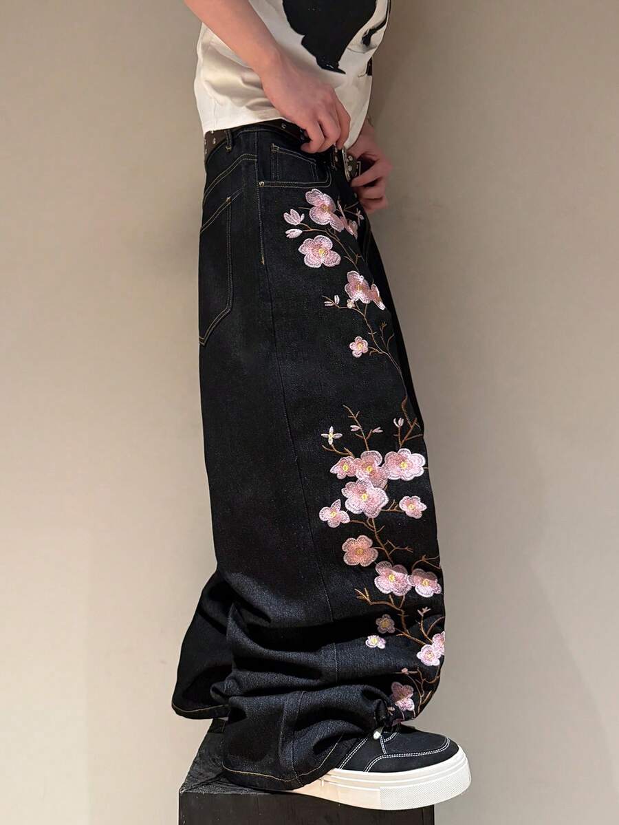 STEELVANCE 男士刺繡寬鬆休閒寬腿牛仔褲 - 黑色 - 查看 1