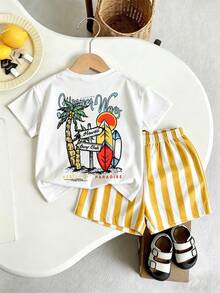 SHEIN Playful Pals 小男孩休閒時尚舒適百搭2件套運動套裝，度假風趣味簡約英文標語條紋滿版印花設計，海灘滑板椰子樹圖案設計，春夏必穿之選，時尚休閒穿搭，開學派對適用，適合戶外野餐、街拍、校園、假期、禮物用途 - 彩色 - 查看 2