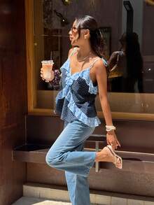 Serisse Women's Summer Navy Blue Polka Dot Ruffle V-Neck Casual Cute French Tropical Versatile Daily Vacation Outing Camisole Top For Date Night Tea Party - Multicolor - View 6