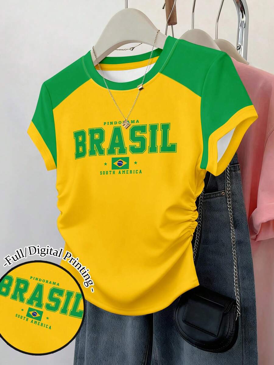 Resyla 女款收腰短袖修身抓皺上衣 Brazil 字母印花條紋圖案 T-shirt 巴西風足球球迷衫 綠色與黃色 - 彩色 - 查看 1