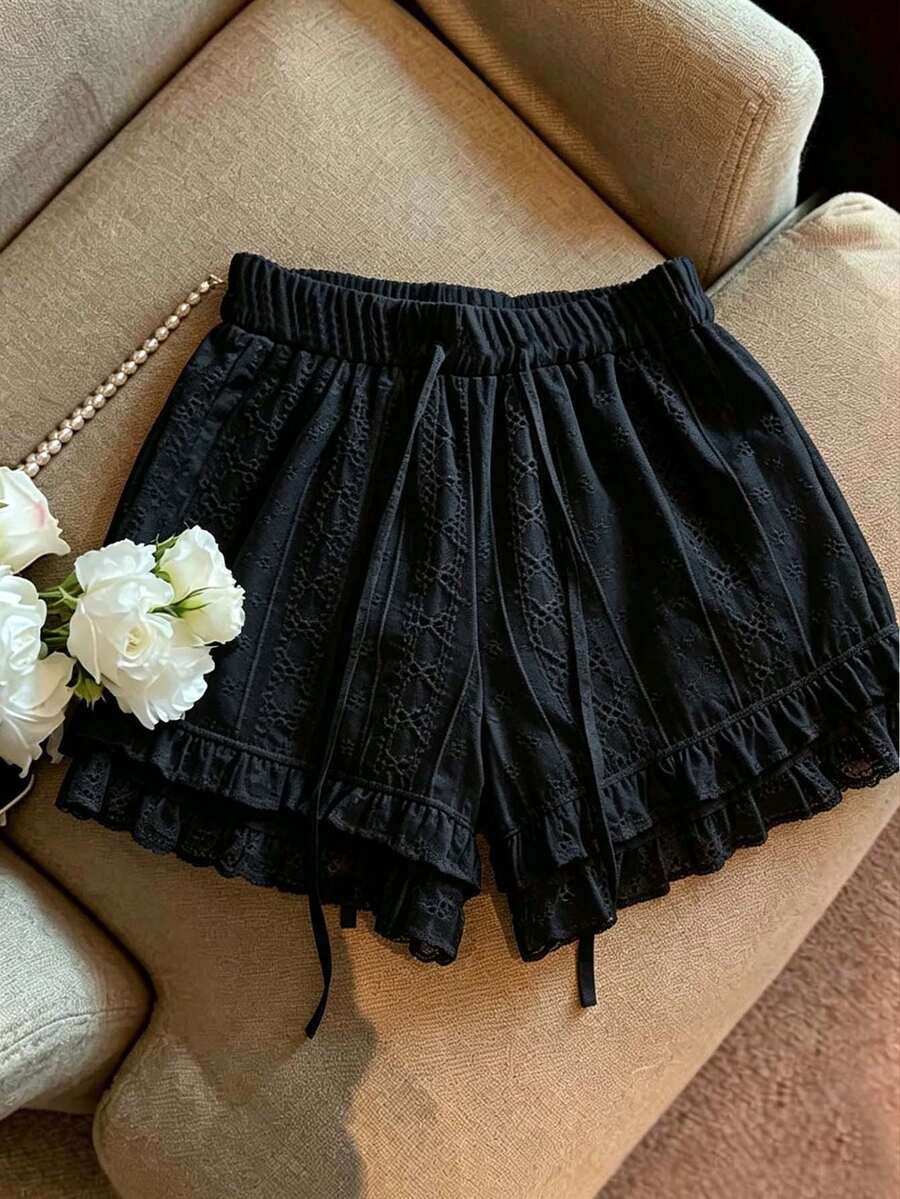 GlowEve Solid Color Drawstring Waist Ruffle Hem Casual Everyday Shorts, Spring/Summer - Black - View 1