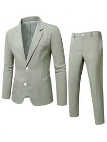 Manfinity Mode Men's Solid Color Lapel Neck Long Sleeve Blazer And Pants Casual Suit Set, Formal, Ceremony - Green - View 5