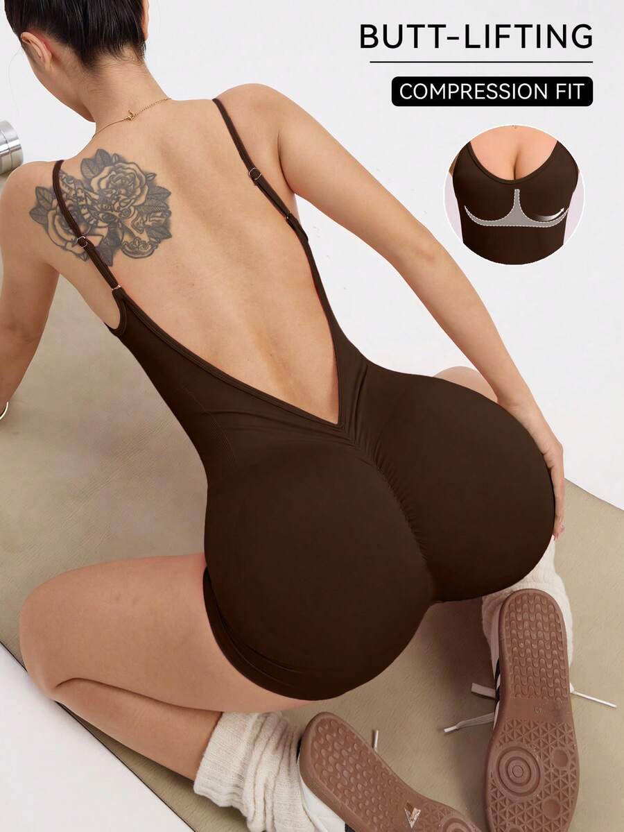 Slayform Slayform Jumpsuit Wanita Warna Polos dengan Bagian Belakang Terbuka dan Celana Pendek Sepeda, Untuk Olahraga Harian Menjelang Tahun Baru Imlek - Coffee Brown - View 1