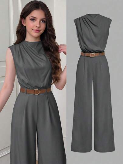 SHEIN Teen Girl Elegant Sleeveless Belted Jumpsuit High Neck Jumpsuit With Belt