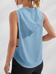 SHEIN Sports Women's Fashion Versatile Letter Print Double Side Cutout Hooded Sweatshirt - Blue - View 2