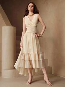 Arave Women's Woven Summer Sleeveless Deep V-Neck Waist-Defining Slimming Decorative Button Hem Multi-Layer Ruffle Fishtail Skirt Casual Design Mori Style Fresh Vacation Long Dress Summer Clothes - Apricot - View 4