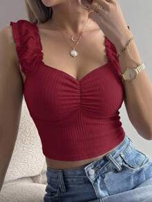 DAZY Women Ruched Camisole, Fitted And Versatile Valentine's Day Crop Top - Burgundy - View 13