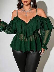 Viva Relle Cubierta de otoño para mujer talla grande de unicolor con hombros descubiertos y bajo con volantes - Verde Oscuro - Ver 3