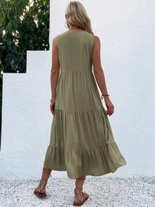 Breezaya Button Detail Layered Hem Smock Dress Maxi Vacation Beach Outfits Women - Army Green - View 2