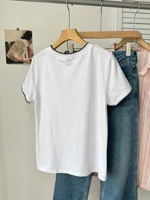 Tseoso 100 Pure Cotton Shell Embroidery Embroidered Versatile All-Match Casual Basic Sports Solid Color Crew Neck Short Sleeve T-Shirt, Suitable For Summer - White - View 2