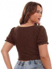 Solavibe 大尺碼女款泡泡袖方領百褶荷葉邊飾 T-shirt 棕色夏季休閒可愛仙女風 早午餐正式生日穿搭 - 棕色 - 查看 2
