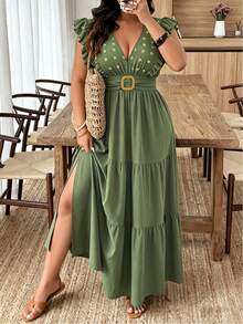 Weeklong Plus Size Women's Long Dress, V-Neck, Ruffle Sleeves, Side Slit, Beach Formal Vacation Vacation Style, Solid Color Sage Green Summer Casual - Army Green - View 1