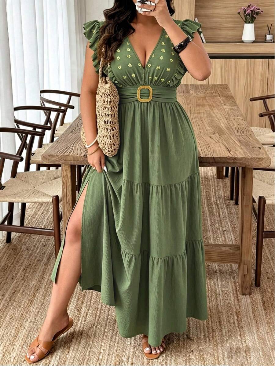 Weeklong Plus Size Women's Long Dress, V-Neck, Ruffle Sleeves, Side Slit, Beach Formal Vacation Vacation Style, Solid Color Sage Green Summer Casual - Army Green - View 1