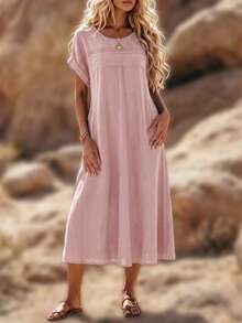 Linhara Plus Size Women Solid Color Lace Hollow Out Sleeveless Dress - Pink - View 7