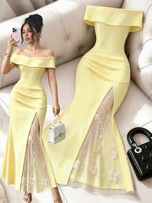 GlowEve Elegant Cream Yellow Off-Shoulder Evening Dress, Fitted Bodycon Lace Applique Mesh Slit Dress, Party Gown - Light Yellow - View 7