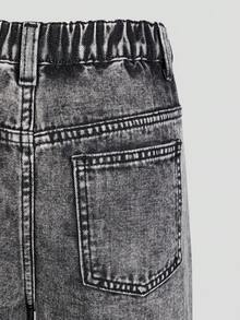 女童牛仔長褲，四季皆宜，休閒學院風，復古磨損灰色，舒適細棉牛仔面料，斜腰頭搭配鬆緊腰，喇叭褲腳，休閒百搭修身寬腿牛仔長褲，實用百搭適用於多種場合，日常出遊、上學、通勤、暑假、聚會、戶外、居家，女童牛仔長褲 - 灰色 - 查看 7