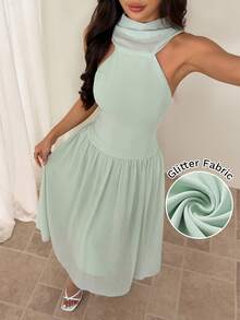SHEIN PETITE Đầm nghỉ mát trễ vai đa năng dành cho nữ, thích hợp cho du lịch. - Màu xanh nhạt - Xem 4