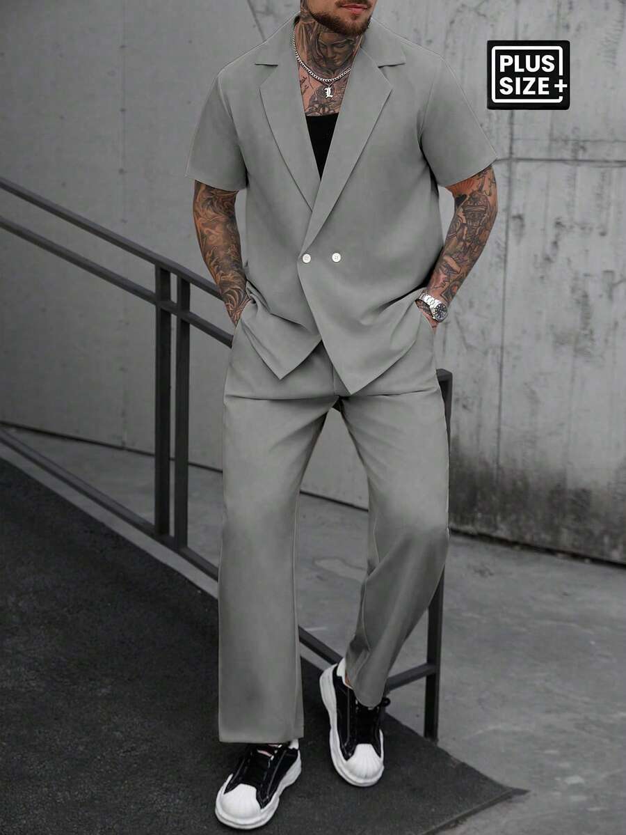 Manfinity CasualCool 男士大尺碼純色短袖襯衫與長褲休閒套裝，正式 - 灰色 - 查看 1