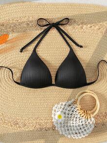 Swim Vcay Summer Beach Halter Triangle Bikini Top - Black - View 2