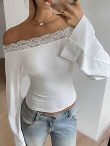 SHEIN PariChic Women's Elegant And Casual White Lace Off-Shoulder Top, Flare Long Sleeve Form-Fitting Tee, Sexy Slim Fit Blouse For Night Out Date Night Street Style - White - View 9