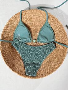 Swim Mod 2026 Spring/Summer Green Triangle Cup Textured Bubble Crinkle Fabric Jade-Like Finish Decorative Buckle Gold Bead Embellished High-Cut Sexy Bikini For Women, Suitable For Beach, Pool, And Seaside - Green - View 2