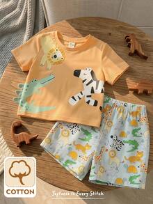 Cozy Pixies 2pcs Baby Boy Cartoon Animal Pattern Knit Soft Round Neck Short Sleeve Top And Elastic Waist Shorts Set - Multicolor - View 2
