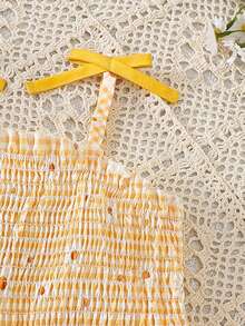 SHEIN Girls' Yellow Plaid Daisy Print Bow Shoulder Strap Summer A-Line Dress, Sweet And Cute Casual - Yellow - View 6